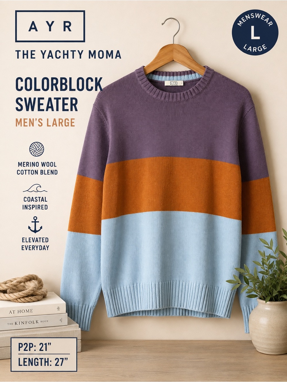 AYR The Yachty Moma Men’s Colorblock Merino Wool Cotton Sweater Large